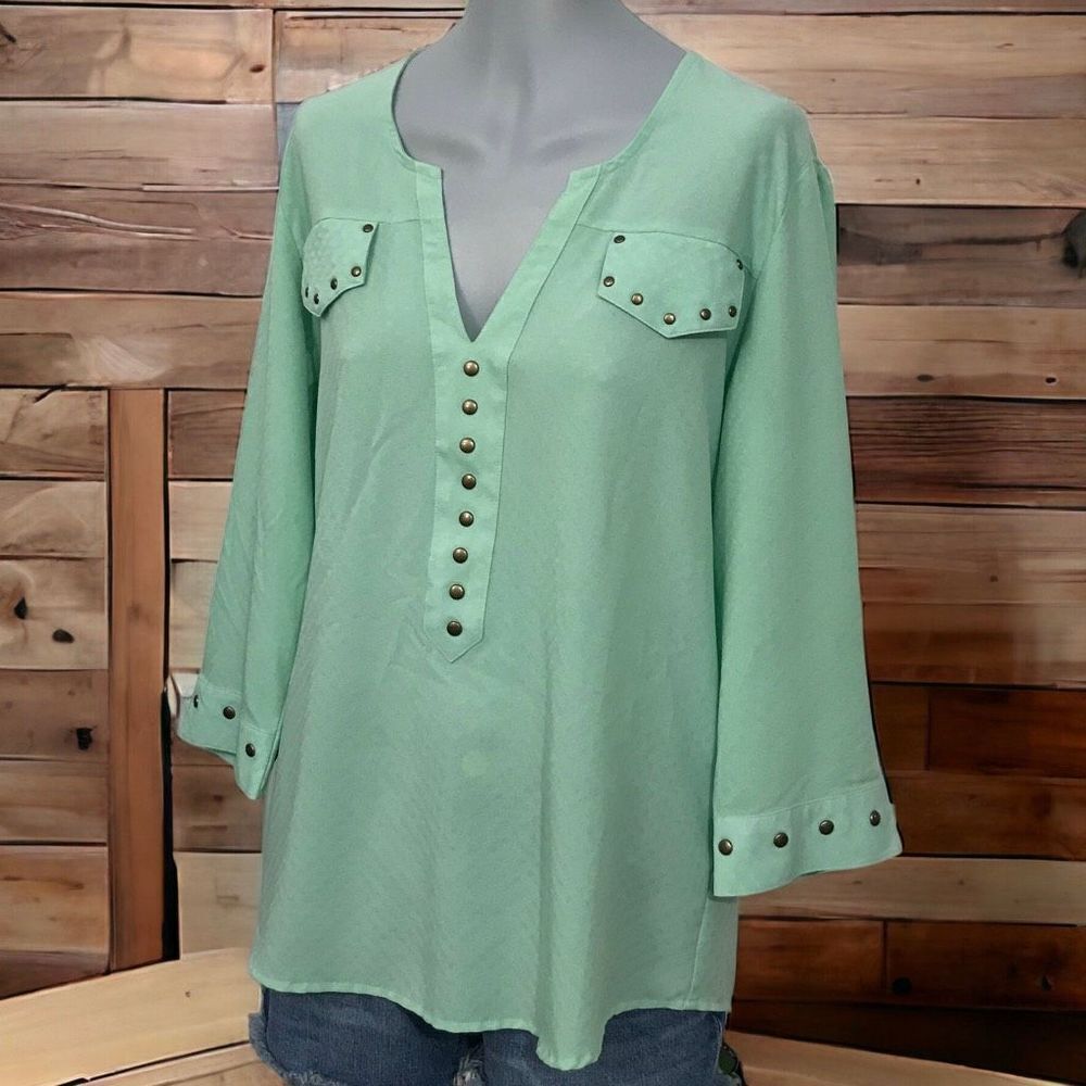Womens Wrangler‎ Rock 47 3/4 Sleeve V Neck Green Studded Blouse Size L - Picture 13 of 13